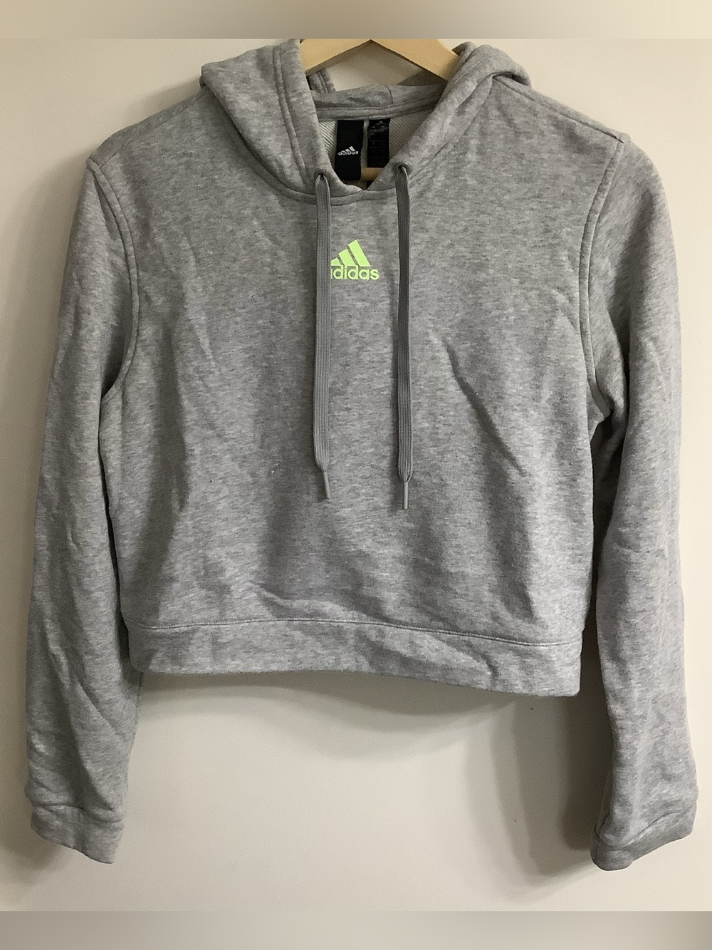 Adidas Light Gray Cropped Hoodie Neon Green Logo Sweatshirt Women's Size M